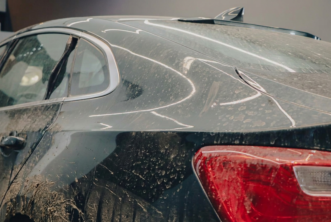 Glossy black paint after a full detail — before